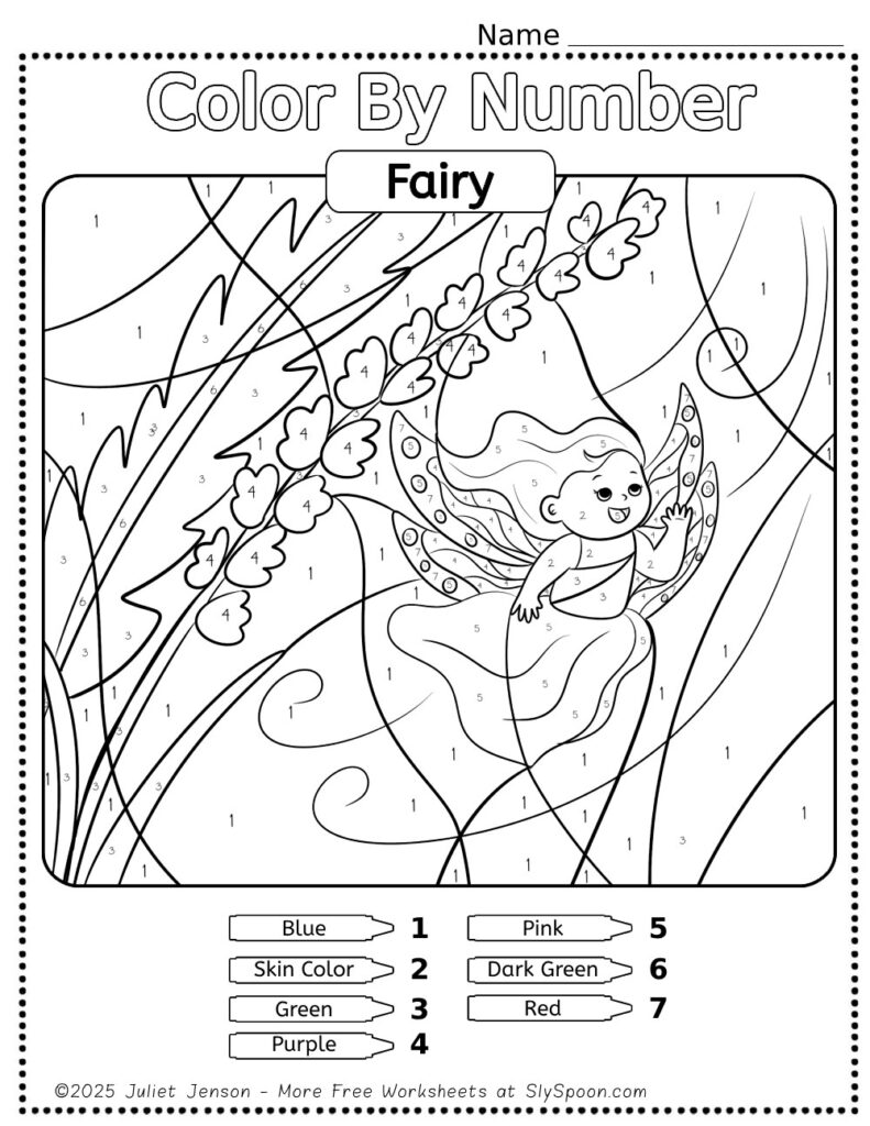 Free Printable Color by Number Fairy Printable for Kids with cute simple fairy art