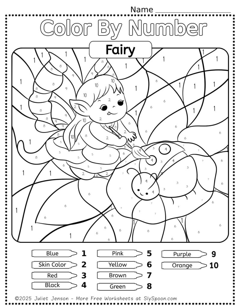 Let your child's creativity shine with these free printable Fairy color by number activities! Download these free educational worksheets for preschool and elementary school children to promote number recognition and fine motor skills. With adorable fairies and flowers, these coloring pages are sure to be fun.