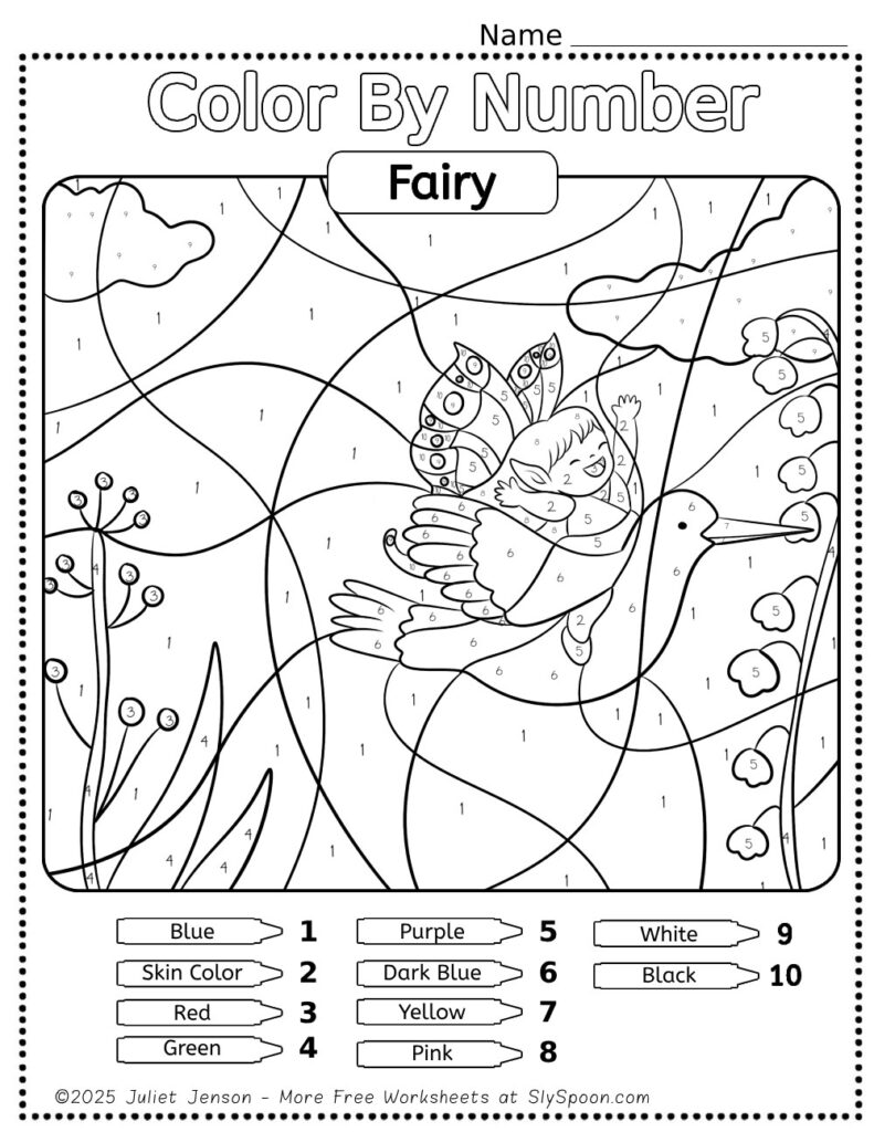 Free Printable Color by Number Fairy Printable for Kids with cute simple fairy art