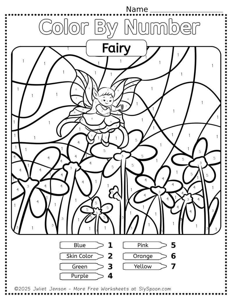 Free Printable Color by Number Fairy Printable for Kids with cute simple fairy art