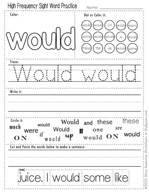 Free Printable High Frequency Sight Word Worksheets for Words: Out ...