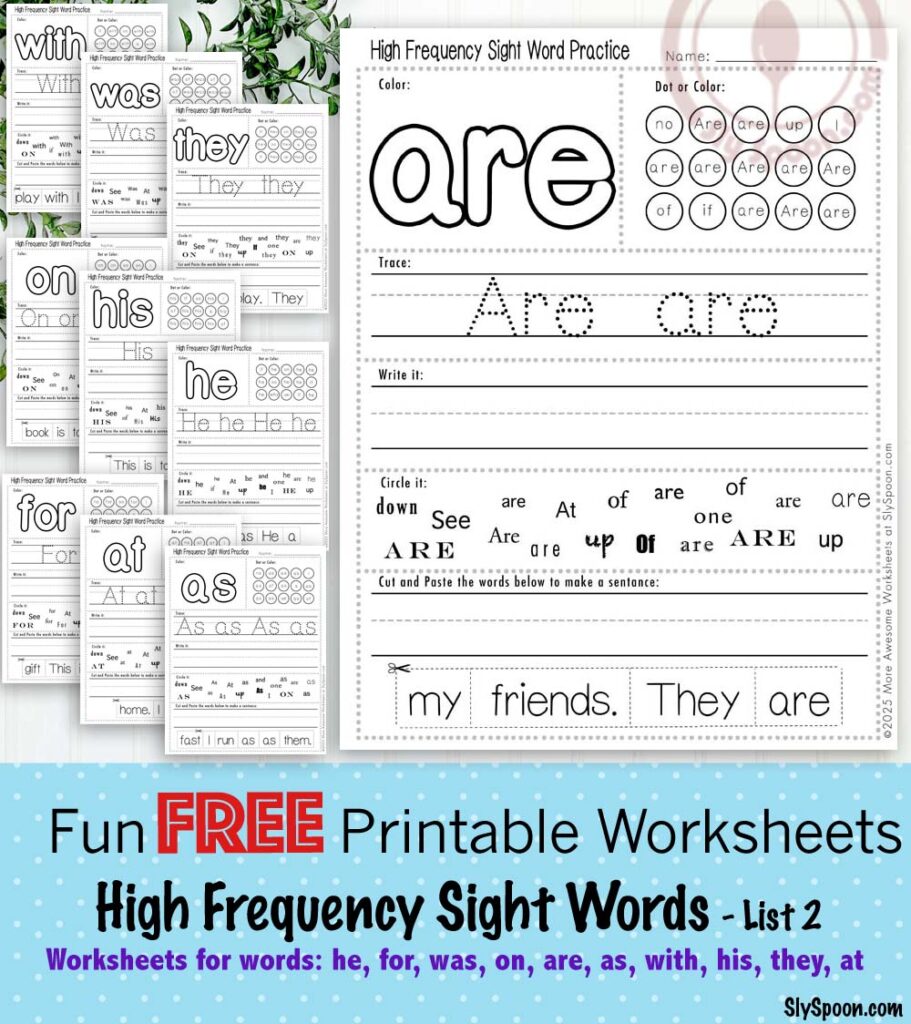 High Frequency Free Printable Sight Word Worksheets Site Set 2 He For Was On Are As With His They At