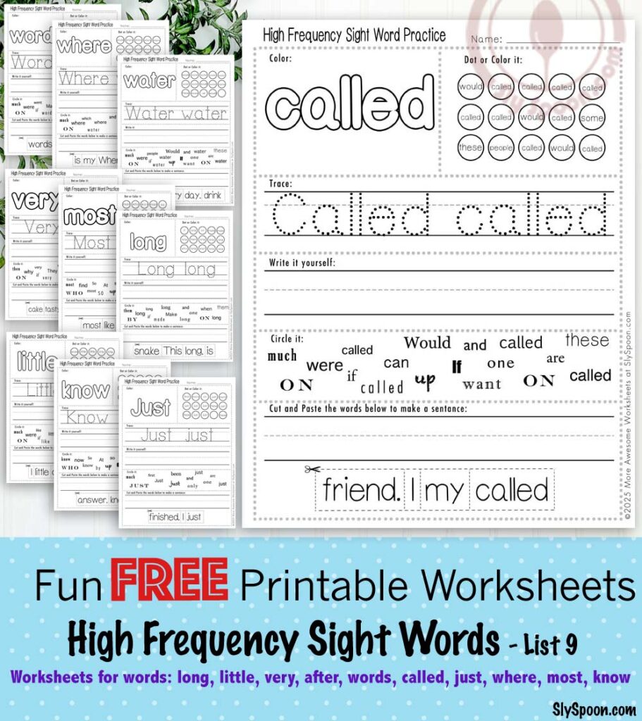 High Frequency Free Printable Sight Word Worksheets Site Set 9 Long Little Very After Words Called Just Where Most Know