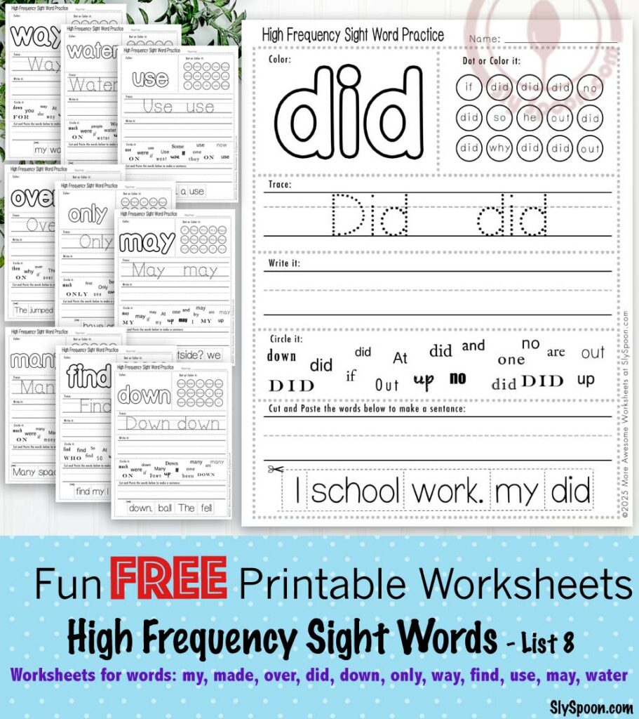 High Frequency Free Printable Sight Word Worksheets Site Set 8 My Made Over Did Down Only Way Find Use May Water
