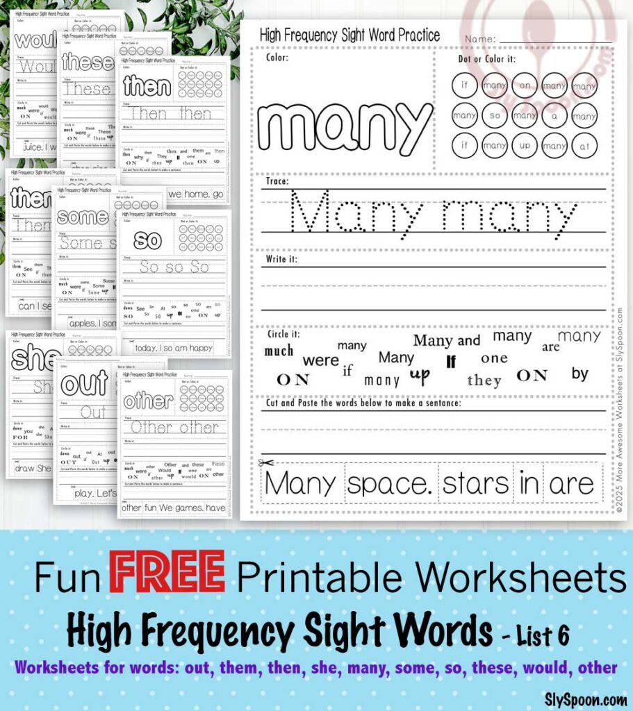 High Frequency Free Printable Sight Word Worksheets Site Set 6 Out Them Then She Many Some So These Would Other