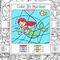 10 Free Printable Color by Number Mermaid Pages for Kids with cute simple mermaids