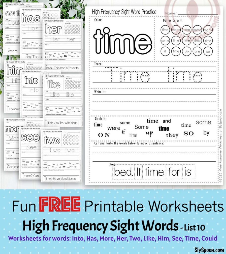 High Frequency Free Printable Sight Word Worksheets Site Set 10 Into Has More Her Two Like Him See Time Could