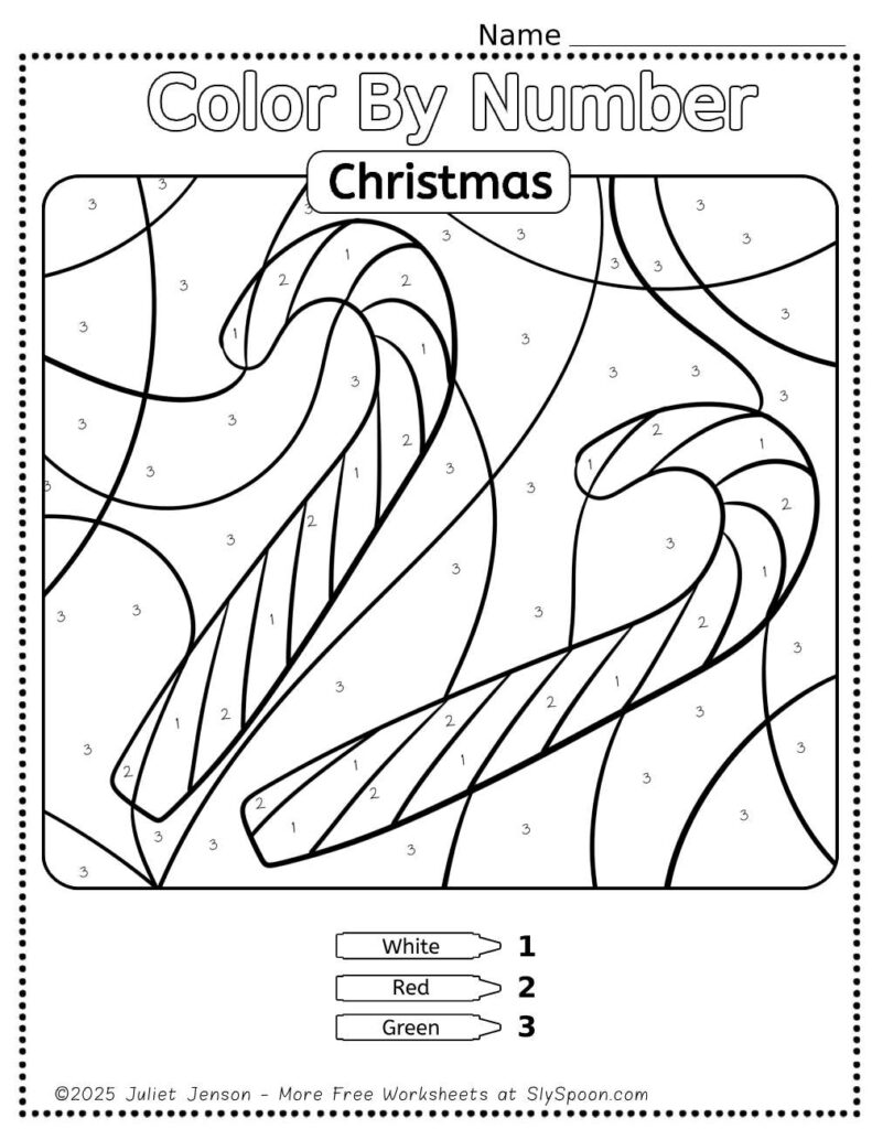 Free Printable Easy Christmas activity idea - Color By Number Worksheet featuring a cute Christmas Candy Cane Presents design.