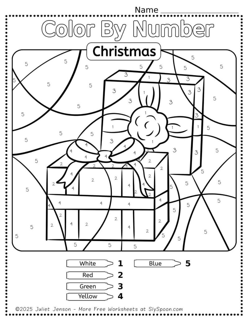 Free Printable Easy Christmas activity idea - Color By Number Worksheet featuring a cute Christmas Gifts Presents design.