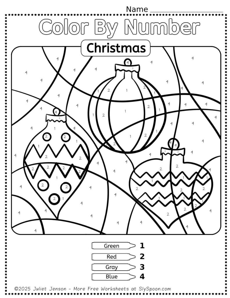 Free Printable Easy Christmas activity idea - Color By Number Worksheet featuring a cute Christmas Ornaments design.