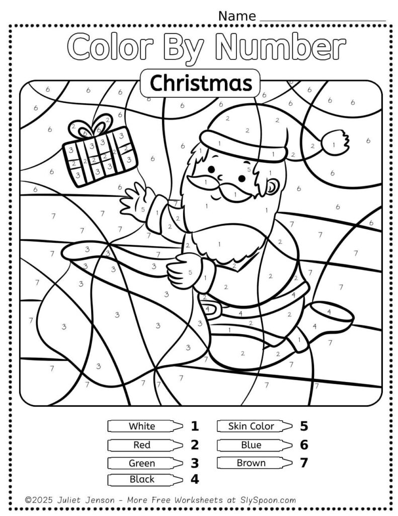 Free Printable Easy Christmas activity idea - Color By Number Worksheet featuring a cute Santa Claus design.