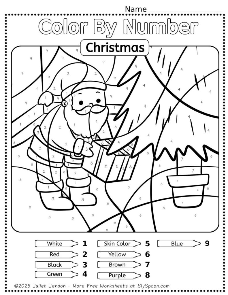 Free Printable Easy Christmas activity idea - Color By Number Worksheet featuring a cute Santa Claus design.