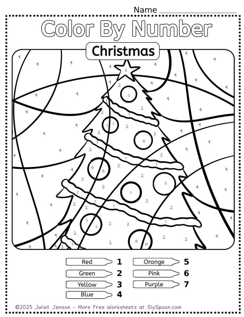 Free Printable Easy Christmas activity idea - Color By Number Worksheet featuring a cute Christmas Tree design.