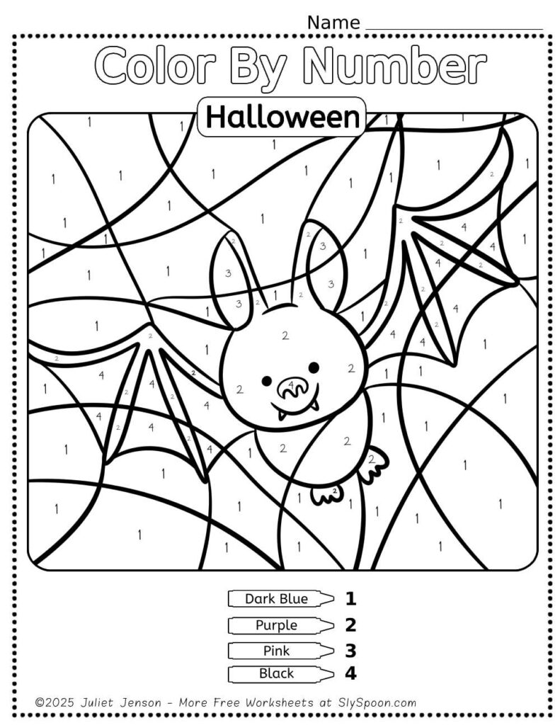 Download my FREE Printable Halloween Themed Color By Number Worksheet featuring a cute bat design. This Easy Halloween activity idea is perfect for preschoolers, helping them develop fine motor skills, practice color recognition, and learn to follow directions. Ideal for classrooms or home use! #HalloweenActivities #ColorByNumber #PrintableWorksheets #PreschoolFun #HalloweenCrafts #LearningThroughPlay #bat #halloweencoloring #halloweenactivityideas