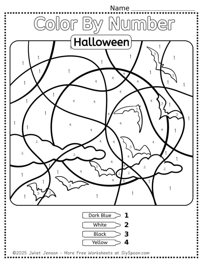 Download my FREE Printable Halloween Themed Color By Number Worksheet featuring a cute bats by the moon design. This Easy Halloween activity idea is perfect for preschoolers, helping them develop fine motor skills, practice color recognition, and learn to follow directions. Ideal for classrooms or home use! #HalloweenActivities #ColorByNumber #PrintableWorksheets #PreschoolFun #HalloweenCrafts #LearningThroughPlay #bats #halloweencoloring #halloweenactivityideas
