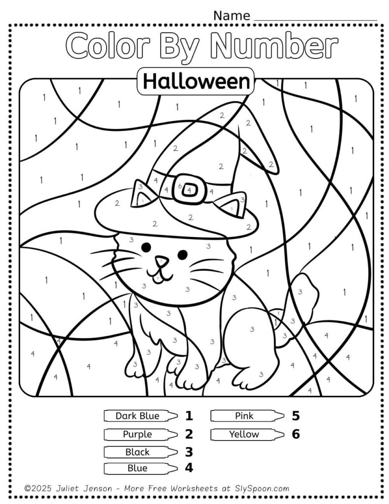 Download my FREE Printable Halloween Themed Color By Number Worksheet featuring a cute witch cat design. This Easy Halloween activity idea is perfect for preschoolers, helping them develop fine motor skills, practice color recognition, and learn to follow directions. Ideal for classrooms or home use! #HalloweenActivities #ColorByNumber #PrintableWorksheets #PreschoolFun #HalloweenCrafts #LearningThroughPlay #blackcat #halloweencoloring #halloweenactivityideas