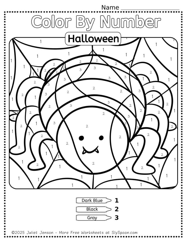 Download my FREE Printable Halloween Themed Color By Number Worksheet featuring a cute spider! This Easy Halloween activity idea is perfect for preschoolers, helping them develop fine motor skills, practice color recognition, and learn to follow directions. Ideal for classrooms or home use! #HalloweenActivities #ColorByNumber #PrintableWorksheets #PreschoolFun #HalloweenCrafts #LearningThroughPlay