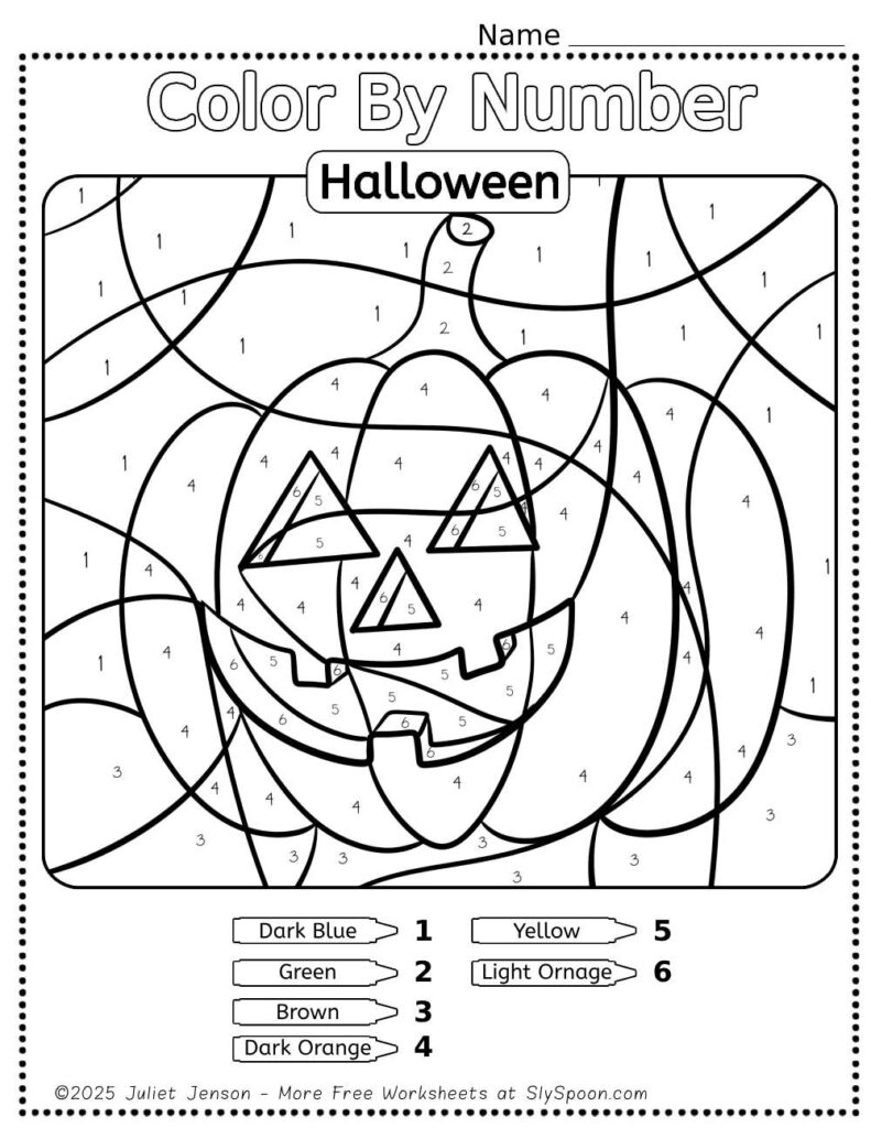 Download my FREE Printable Halloween Themed Color By Number Worksheet featuring a cute jack o lantern pumpkin! This Easy Halloween activity idea is perfect for preschoolers, helping them develop fine motor skills, practice color recognition, and learn to follow directions. Ideal for classrooms or home use! #HalloweenActivities #ColorByNumber #PrintableWorksheets #PreschoolFun #HalloweenCrafts #LearningThroughPlay