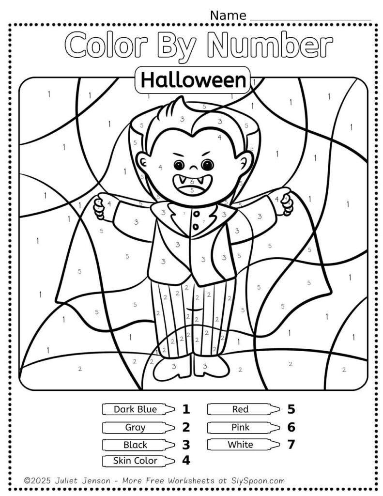 Download my FREE Printable Halloween Themed Color By Number Worksheet featuring a cute vampire! This Easy Halloween activity idea is perfect for preschoolers, helping them develop fine motor skills, practice color recognition, and learn to follow directions. Ideal for classrooms or home use! #HalloweenActivities #ColorByNumber #PrintableWorksheets #PreschoolFun #HalloweenCrafts #LearningThroughPlay