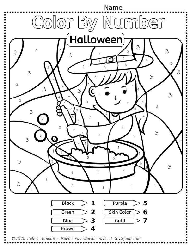 Download my FREE Printable Halloween Themed Color By Number Worksheet featuring a cute witch stirring a cauldron design! This Easy Halloween activity idea is perfect for preschoolers, helping them develop fine motor skills, practice color recognition, and learn to follow directions. Ideal for classrooms or home use! #HalloweenActivities #ColorByNumber #PrintableWorksheets #PreschoolFun #HalloweenCrafts #LearningThroughPlay