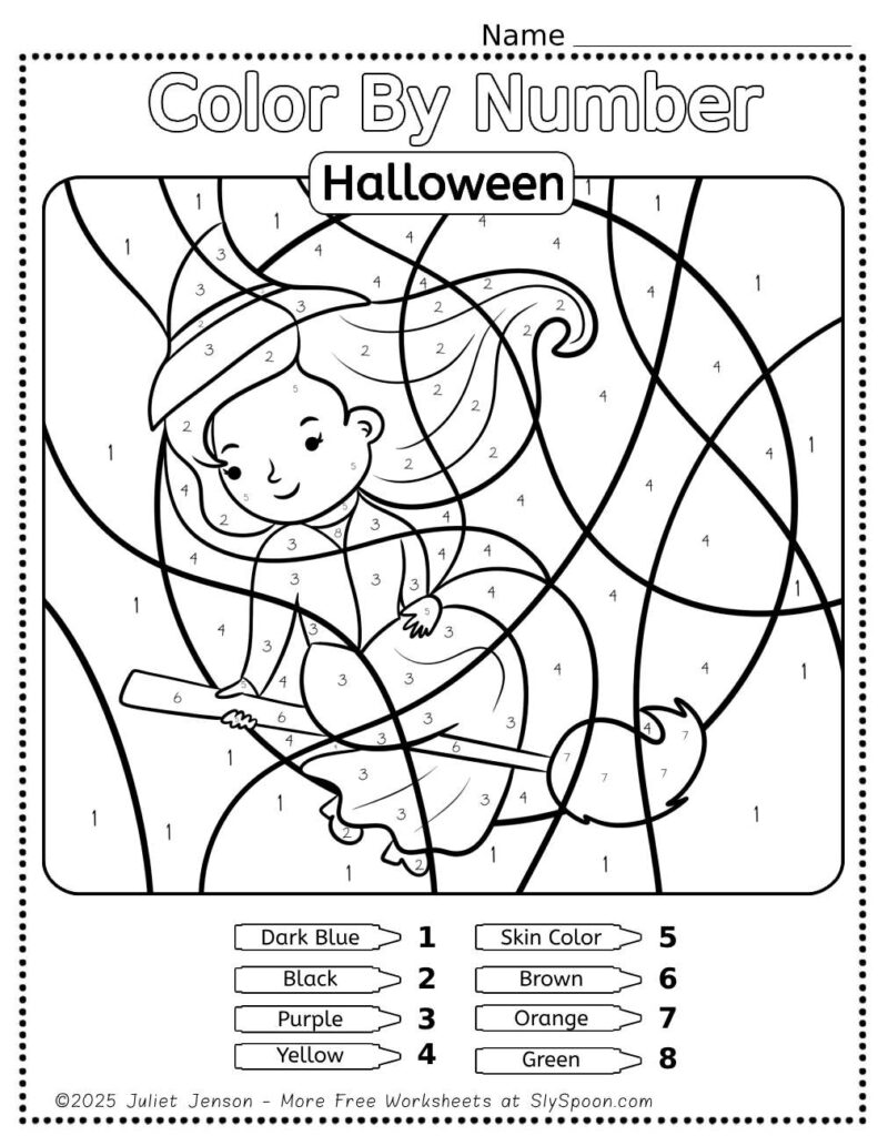 Download my FREE Printable Halloween Themed Color By Number Worksheet featuring a cute witch flying by the moon design! This Easy Halloween activity idea is perfect for preschoolers, helping them develop fine motor skills, practice color recognition, and learn to follow directions. Ideal for classrooms or home use! #HalloweenActivities #ColorByNumber #PrintableWorksheets #PreschoolFun #HalloweenCrafts #LearningThroughPlay