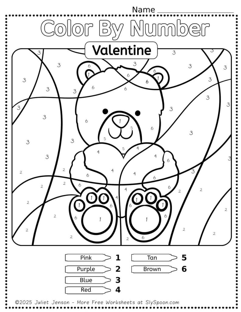 Free Printable Easy Valentine activity idea - Color By Number Worksheet featuring a cute Plush Bear design.
