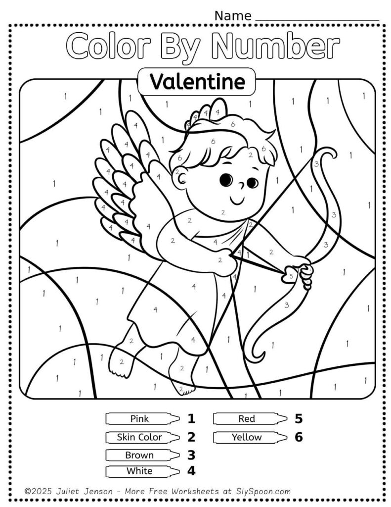 Free Printable Easy Valentine activity idea - Color By Number Worksheet featuring a cute Cupid design.
