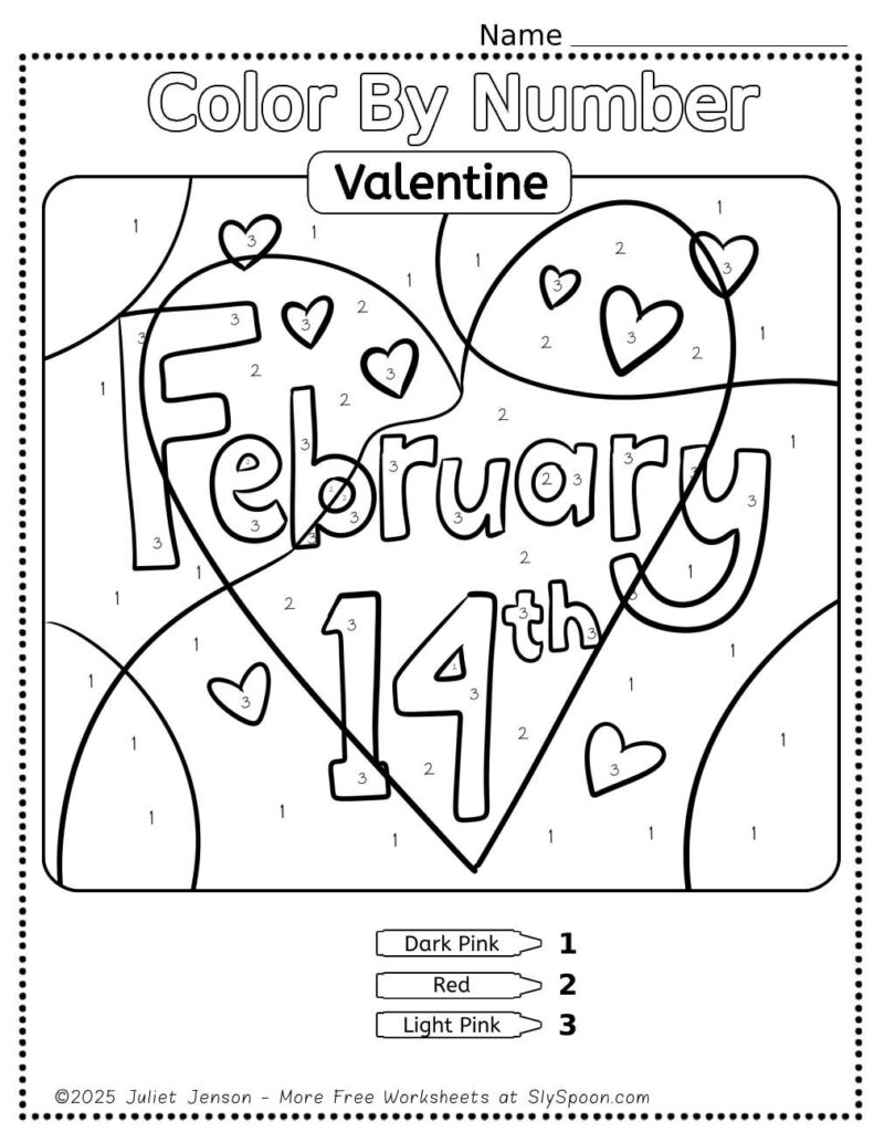 Free Printable Easy Valentine activity idea - Color By Number Worksheet featuring a cute February 14th design.
