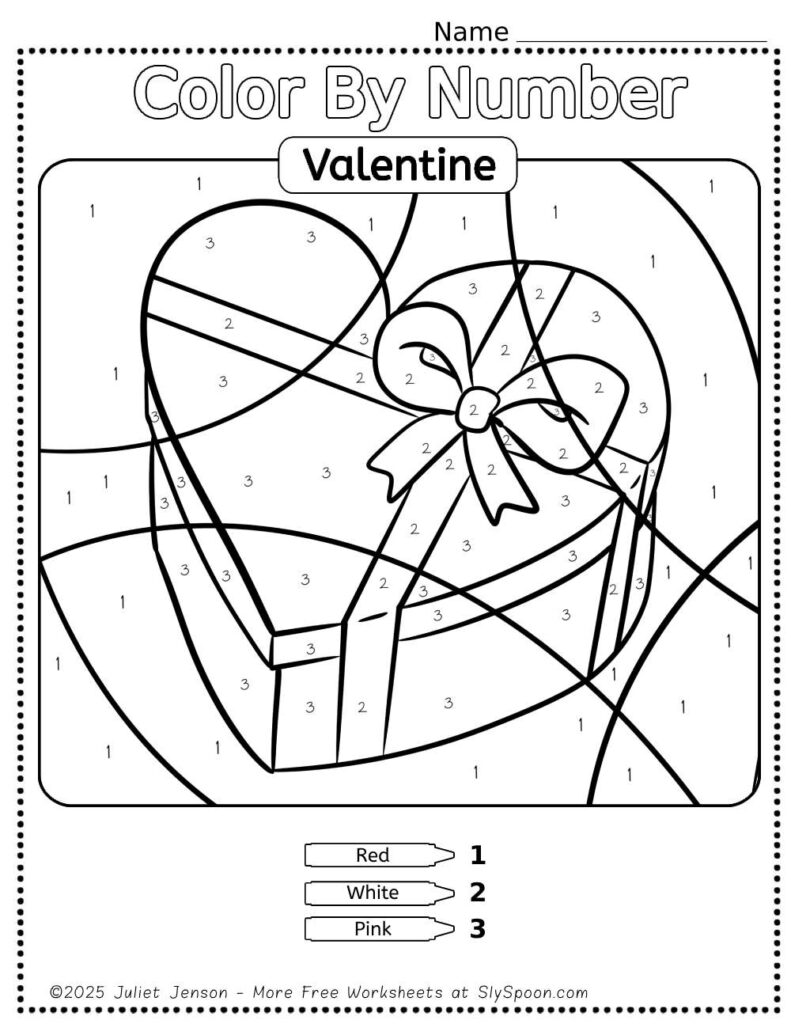 Free Printable Easy Valentine activity idea - Color By Number Worksheet featuring a cute Chocolate Heart Box design.