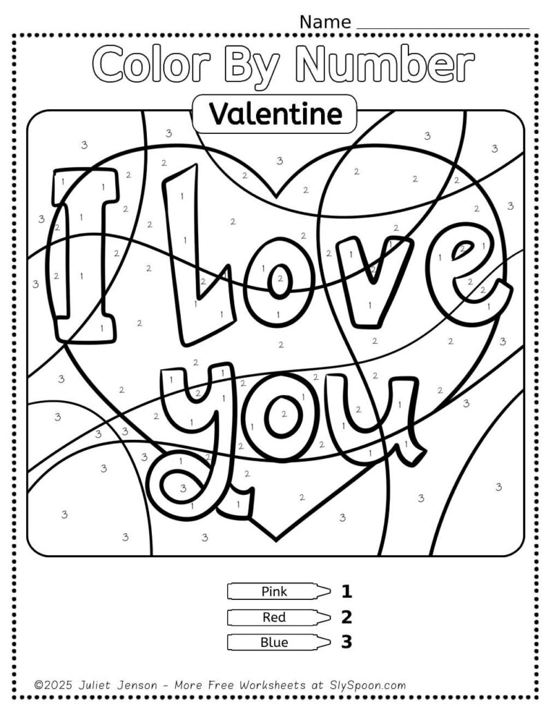 Free Printable Easy Valentine activity idea - Color By Number Worksheet featuring a cute I Love You design.