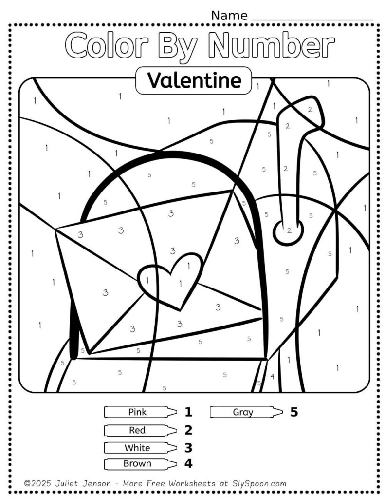 Free Printable Easy Valentine activity idea - Color By Number Worksheet featuring a cute Love Letter design.