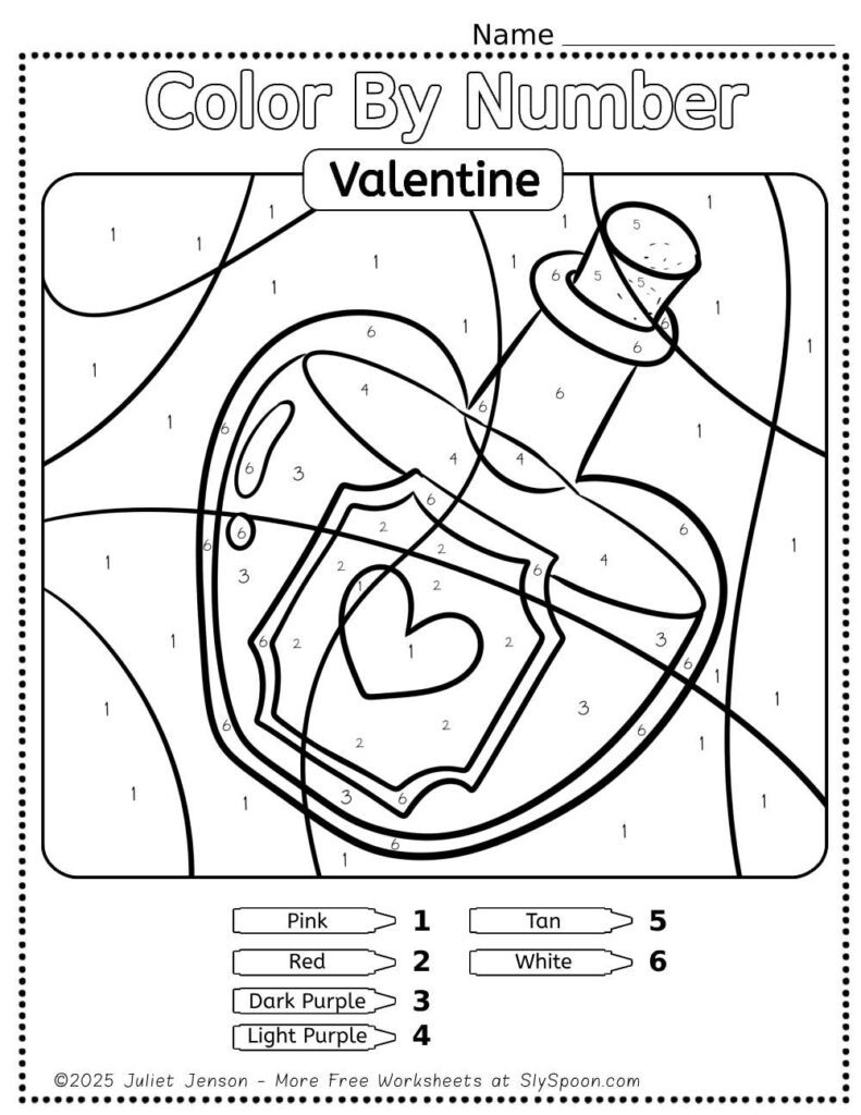Free Printable Easy Valentine activity idea - Color By Number Worksheet featuring a cute Love Potion design.
