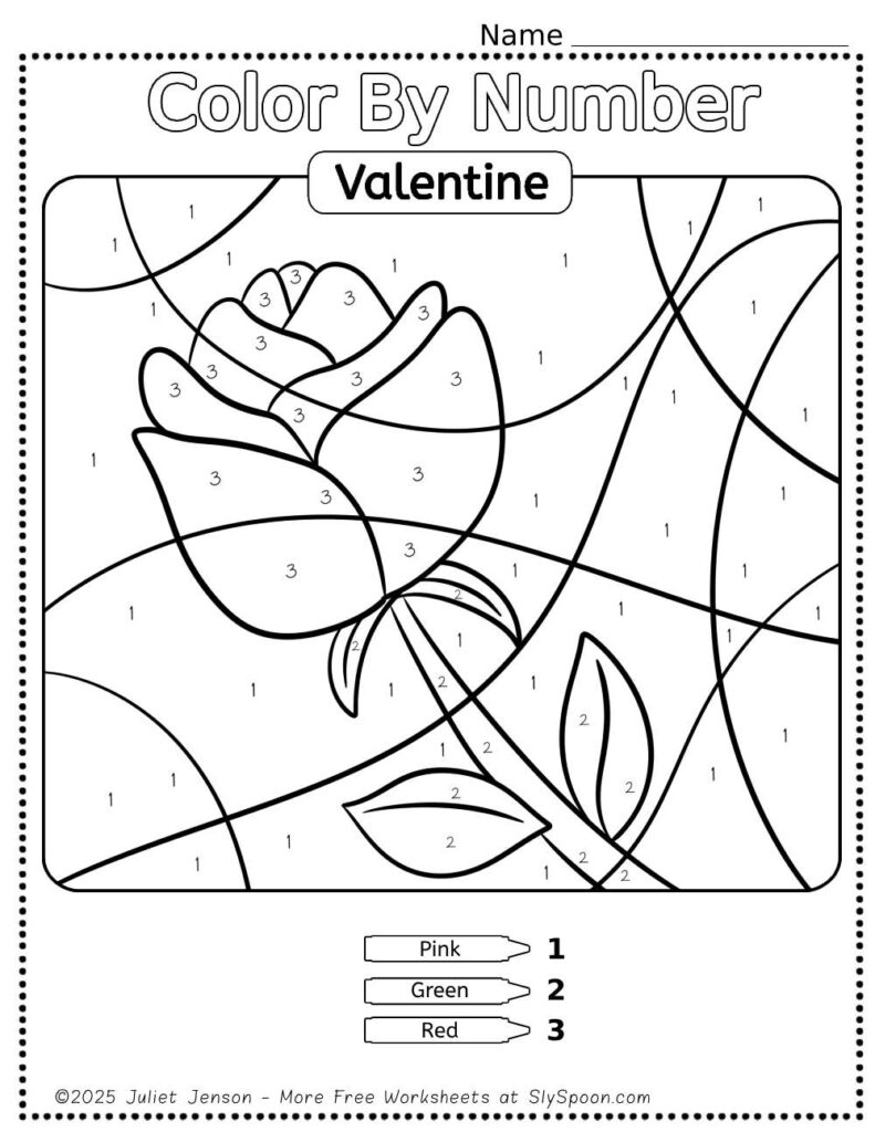 Free Printable Easy Valentine activity idea - Color By Number Worksheet featuring a cute Rose design.