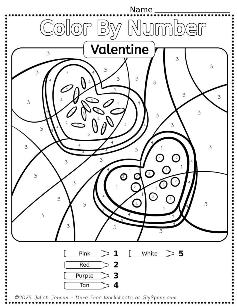 Free Printable Easy Valentine activity idea - Color By Number Worksheet featuring a cute Heart Sugar Cookie design.