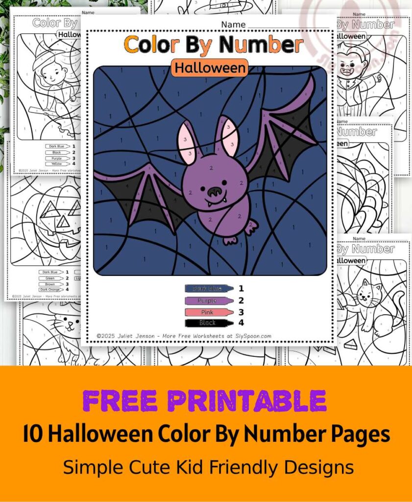 10 Free Printable Halloween Themed Color by Number Worksheets for Easy Halloween Activities. This Easy Halloween activity idea is perfect for preschoolers, and kindergarteners helping kids develop fine motor skills, practice color recognition, and learn to follow directions. Ideal for classrooms or home use! #HalloweenActivities #ColorByNumber #PrintableWorksheets #PreschoolFun #HalloweenCrafts #LearningThroughPlay #bat #halloweencoloring #halloweenactivityideas