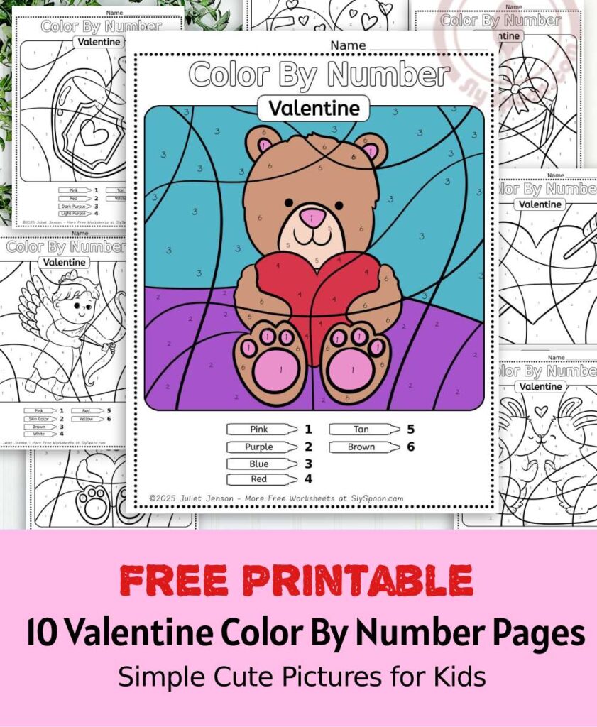 Free Printable Easy Valentine activity idea - Color By Number Worksheet featuring a cute Plush Bear design.