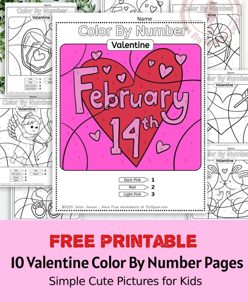 Free Printable Easy Valentine activity idea - Color By Number Worksheet featuring a cute February 14th design.