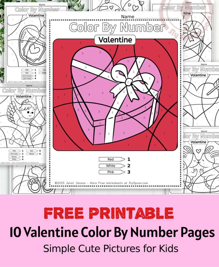 Free Printable Easy Valentine activity idea - Color By Number Worksheet featuring a cute Chocolate Heart Box design.