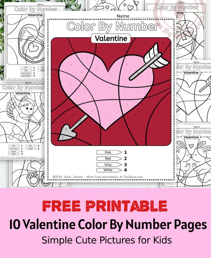 Free Printable Easy Valentine activity idea - Color By Number Worksheet featuring a cute Arrow Heart design.