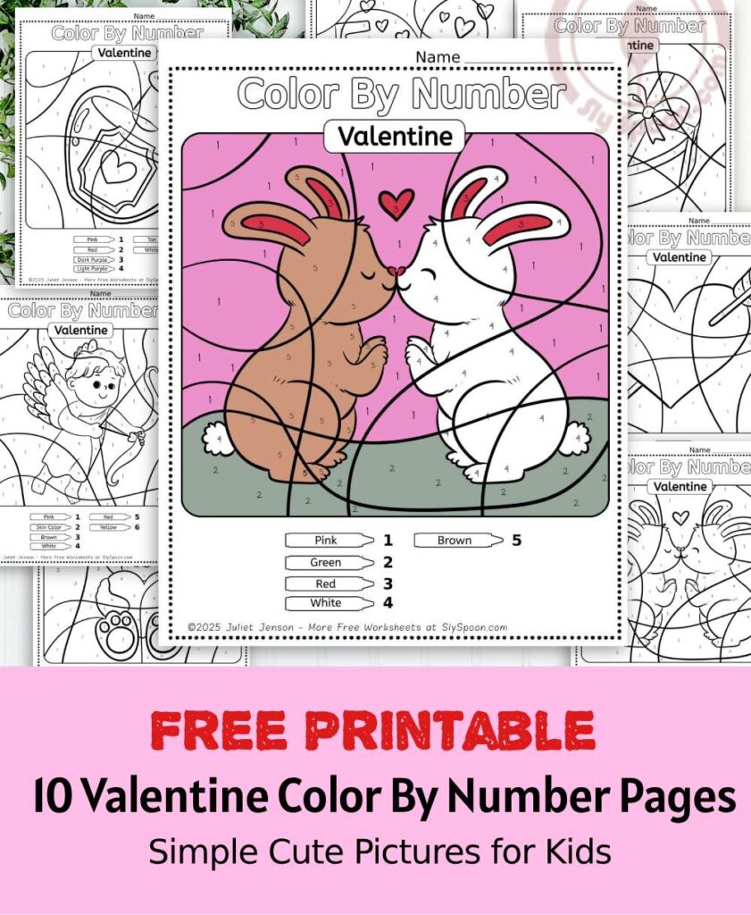 Free Printable Easy Valentine activity idea - Color By Number Worksheet featuring a cute Kissing Bunnies design.