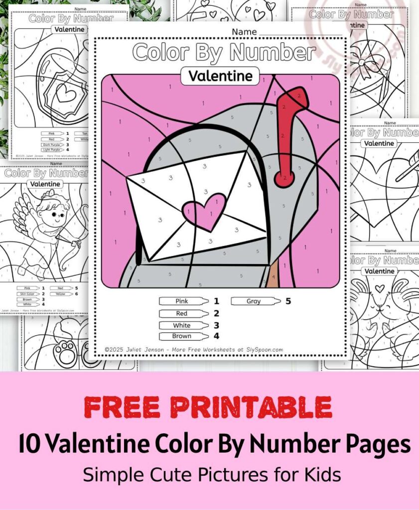 Free Printable Easy Valentine activity idea - Color By Number Worksheet featuring a cute Love Letter design.