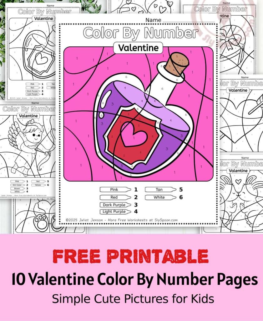 Free Printable Easy Valentine activity idea - Color By Number Worksheet featuring a cute Love Potion design.