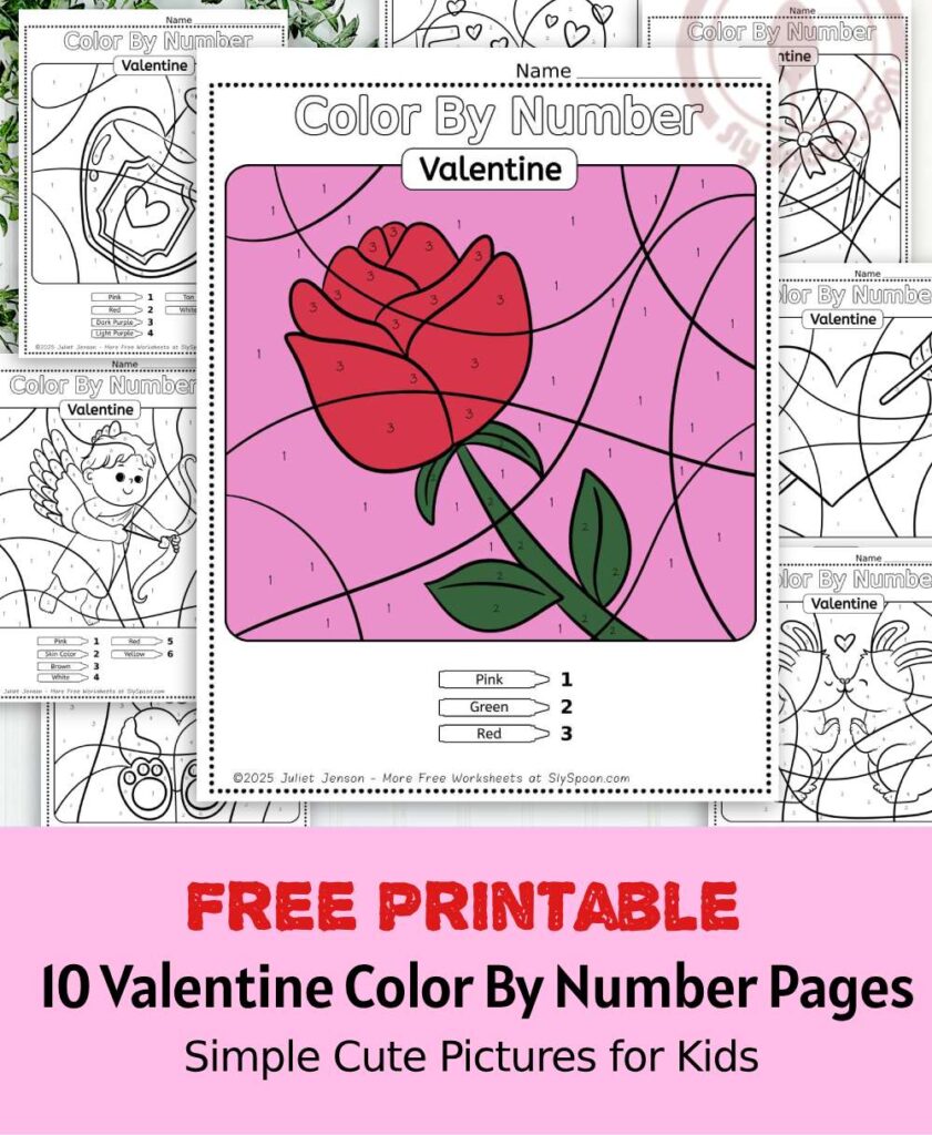 Free Printable Easy Valentine activity idea - Color By Number Worksheet featuring a cute Rose design.