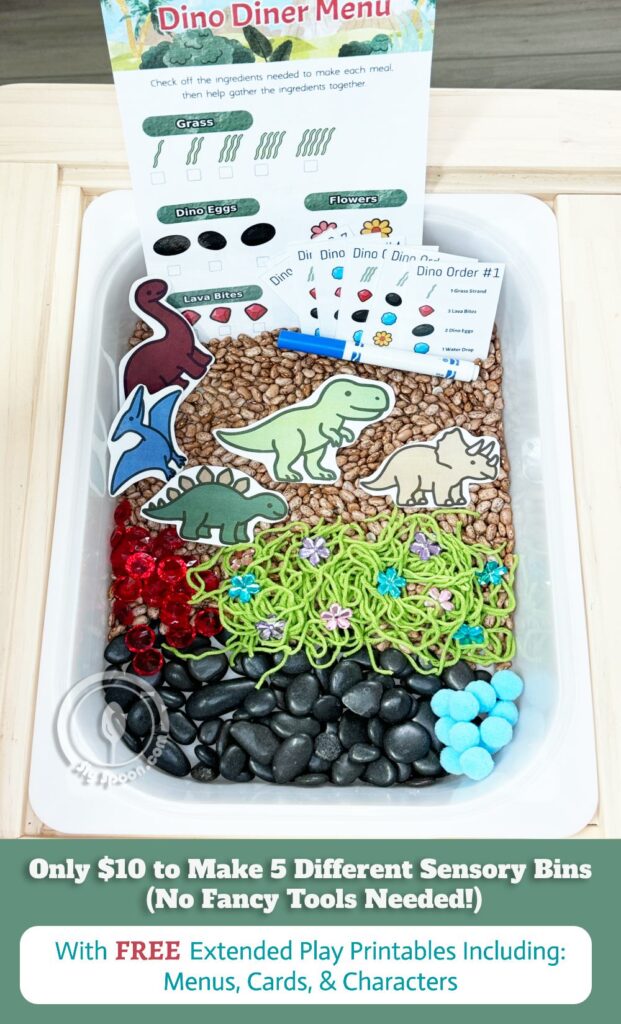 Dino Diner Sensory Bin - Only $10 to make 5 Different Sensory Bins from Dollar Tree with Free Printable Menus, Cards, and Charactesr