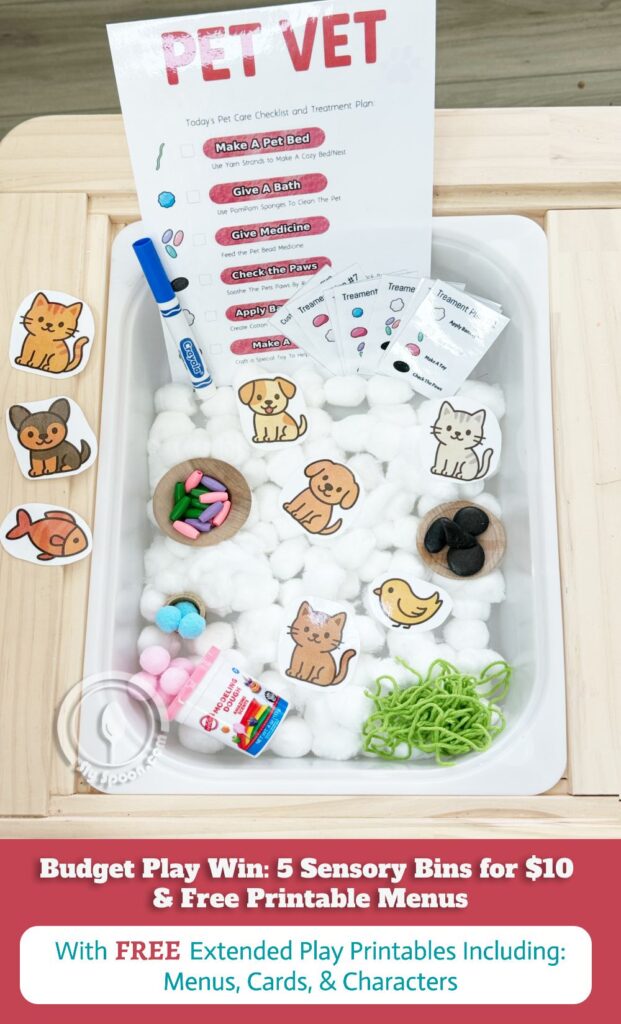Pet Vet Sensory Bin 5 Sensory Bins for $10 (with FREE Printable Extended Play Menus!) - Sly Spoon