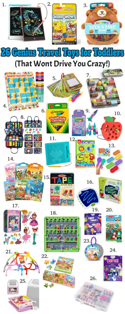 25 Genius Travel Toys for Toddlers (That Won’t Drive You Crazy!) Best Screen Free Road Trip and Airplane Travel Toys For Toddlers and Kids ages 2-4 #toddlertravel #roadtrip #roadtripideas #roadtripwithkids #flyingwithkids #flyingwithtoddlers #toddlertravel #toddlertravelideas #roadtriptoddler #kidtravel #screenfreetravel