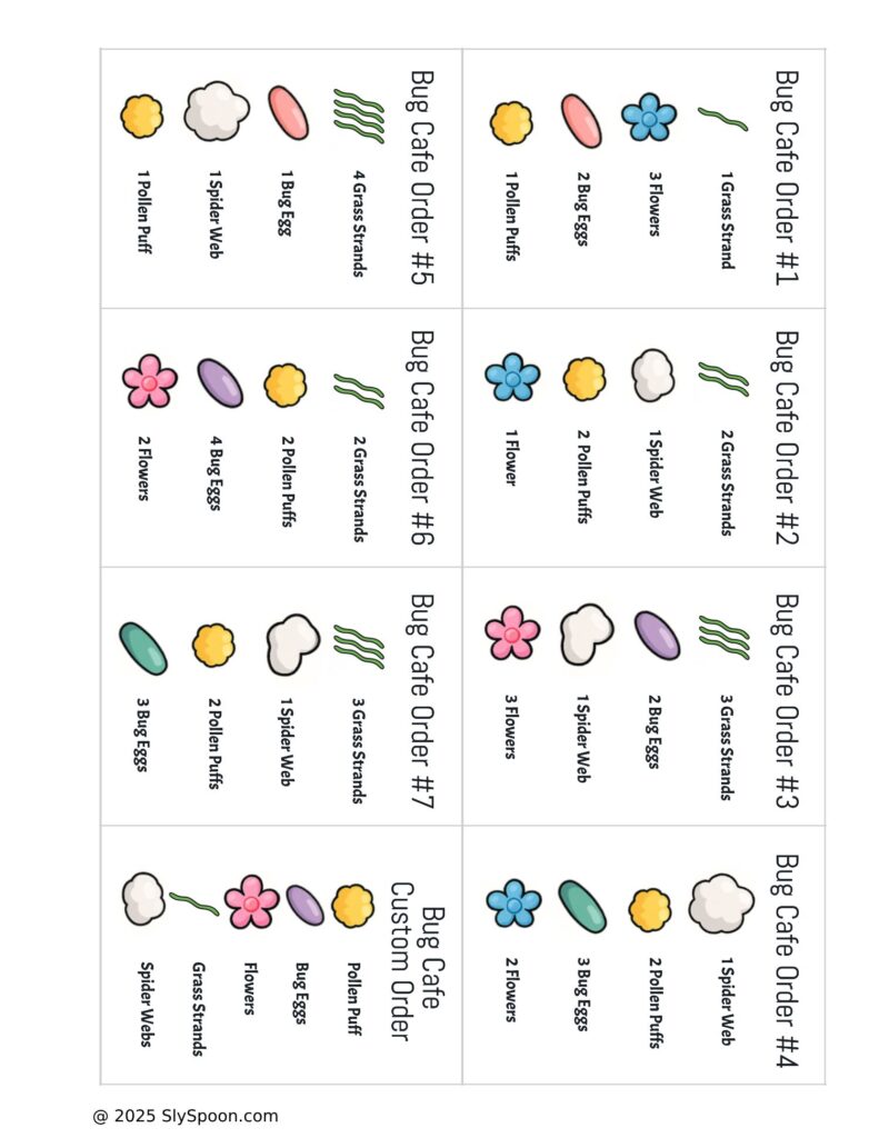 Bug-themed sensory bin with free printable menu and order cards, including bug figurines, green yarn grass, cotton ball webs, flower gems, and Dollar Tree supplies.