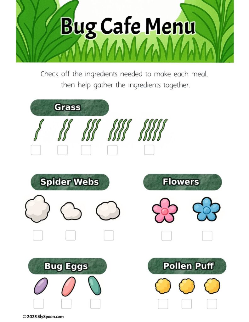 Bug-themed sensory bin with free printable menu and order cards, including bug figurines, green yarn grass, cotton ball webs, flower gems, and Dollar Tree supplies.