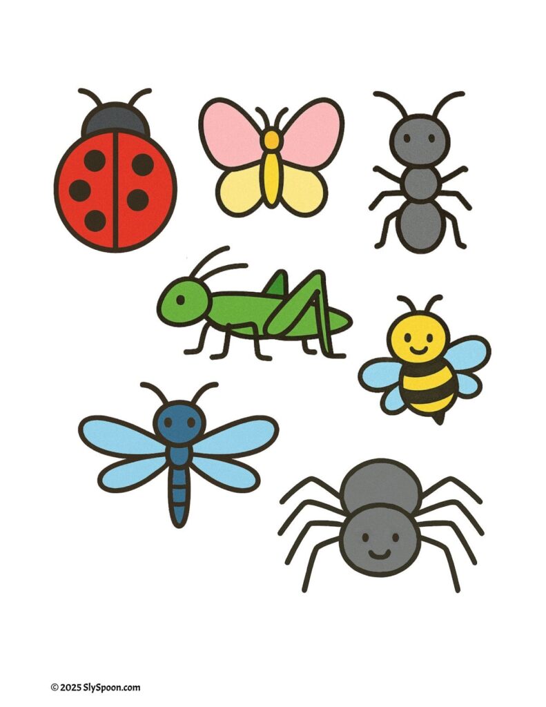 Bug-themed sensory bin with free printable menu and order cards, including bug figurines, green yarn grass, cotton ball webs, flower gems, and Dollar Tree supplies.