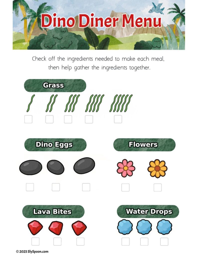 Dinosaur -themed sensory bin with free printable "Dino Menu" Card and Order Cards, including dino figures, yarn grass, pom pom water, and Dollar Tree supplies.
